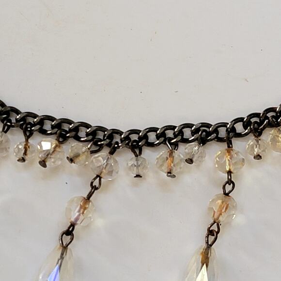 Vintage Crystal Drop Necklace with Faceted Glass Bead on Dark Tone Chain Jewelry - Picture 3 of 10